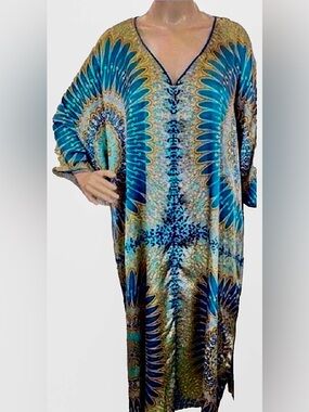 Oscar de la Renta Blue Gold Mandala Zip Front V-Neck 2 Pocket Caftan  SZ 2X NEW